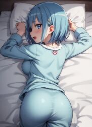 ai_generated ass ass ass_focus back_turned back_view big_butt blue_eyes blue_hair blush cute female female looking_back looking_back_at_viewer magical_girl mahou_shoujo_madoka_magica miki_sayaka on_bed puella_magi_madoka_magica round round_ass round_butt short_hair slim_waist solo solo_female solo_focus