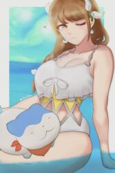 1girls ;3 bangs bare_thighs beauty_mark braid braided_ponytail breasts brown_hair cleavage earrings female female_only fire_emblem fire_emblem_engage goldmary_(fire_emblem) hair_over_shoulder large_breasts looking_at_viewer medium_hair mole mole_on_breast nintendo ocean one-piece_swimsuit outdoors rotomdocs side_ponytail solo sommie_(fire_emblem) swimsuit thick_thighs thighs white_one-piece_swimsuit white_swimsuit yellow_eyes