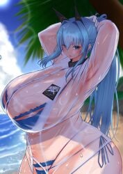 1girls arms_behind_head beach big_breasts bikini blue_eyes blue_hair breasts busty curvaceous curvy curvy_body curvy_female curvy_figure fake_animal_ears female goddess_of_victory:_nikke hands_behind_head helm_(aquamarine)_(nikke) helm_(nikke) huge_breasts large_breasts plump ponytail suriring_0426 voluptuous