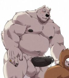 2023 absurd_res anthro balls bear belly big_belly black_nose blush duo erection genitals hi_res humanoid_hands jumperbear kemono male mammal mature_male moobs musclegut nipples overweight overweight_male penis polar_bear simple_background ursine white_background white_body