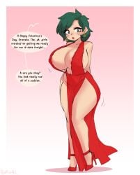 big_breasts borvar english_text female female_deku freckles genderswap_(mtf) green_eyes green_hair high_heels izuku_midoriya my_hero_academia ochako_uraraka piercing red_dress red_heels rule_63 valentine's_day yuri