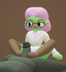 1boy 1girls 3d fat_ass feet feet_fetish flats foot foot_fetish footjob footwear frog_pose glasses green_body green_skin lab_coat medium_hair neck not_actually_a_frog pink_hair pink_shirt roblox roblox_game scientist_(tower_heroes) shirt_under_coat thick_thighs tower_heroes zeroniko