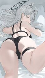 abydos_high_school_student ass blue_archive bra female from_behind hood_x_art huge_ass huge_thighs lingerie looking_back lying_on_bed lying_on_stomach panties presenting_ass shiroko_(blue_archive) shiroko_(terror)_(blue_archive) thigh_strap underwear