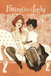 2girls boots breasts couch dark_hair edwardian freckles gibson_girl hair_up high_heeled_boots measuring_tape multiple_girls pubic_hair pussy red_hair retro_artstyle seamstress stockings wintonkidd yuri