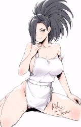 apron_only black_eyes black_hair female female_focus female_only hair_covering_eye momo_yaoyorozu my_hero_academia nude_apron on_knees ponytail relaxjon smile solo_female solo_focus yaoyorozu_momo