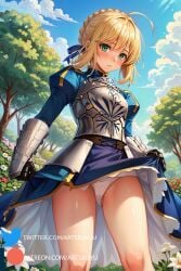 1girls ai_generated armor armored_boots armored_gloves artoria_pendragon artsbuyu bangs blonde_hair blue_dress blush crown_braid dress dress_lift embarrassed fate_(series) from_below green_eyes hair_between_eyes hair_ribbon hi_res looking_at_viewer medium_breasts panties ribbon short_hair sidelocks stable_diffusion upskirt white_panties