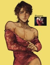 1boy athletic_male bare_shoulders brown_hair charluiu color crossdressing earrings elbow_gloves femboy feminine_male fit_male five_nights_at_freddy's gay hi_res lace legs light-skinned_male light_skin looking_at_viewer male_only michael_afton mullet muscular_trap nipple_slip pecs pretty_boy red_dress red_hair small_waist solo toned