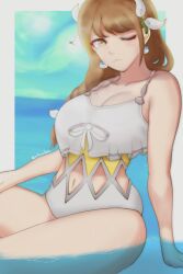 1girls ;3 bangs bare_thighs beauty_mark braid braided_ponytail breasts brown_hair cleavage earrings female female_only fire_emblem fire_emblem_engage goldmary_(fire_emblem) hair_over_shoulder large_breasts looking_at_viewer medium_hair mole mole_on_breast nintendo ocean one-piece_swimsuit outdoors rotomdocs side_ponytail solo sommie_(fire_emblem) swimsuit thick_thighs thighs white_one-piece_swimsuit white_swimsuit wink yellow_eyes