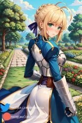 1girls ai_generated armor armored_boots armored_gloves artoria_pendragon artoria_pendragon_(lancer) artsbuyu ass ass_focus bangs blonde_hair blue_dress blush crown_braid dress embarrassed fate_(series) from_behind green_eyes hair_between_eyes hair_ribbon hi_res looking_at_viewer looking_back medium_breasts ribbon short_hair sidelocks stable_diffusion standing