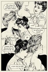 black_and_white blush cleavage comic corset edwardian freckles gibson_girl hatching_(art) measuring_tape moaning retro_artstyle seamstress undressing wintonkidd yuri