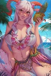 1girls alternate_costume armlet bare_shoulders bikini blue_hair blue_sky breasts cleavage cloud cloudy_sky curled_horns female female_only fire_emblem fire_emblem_heroes fish flower flower_necklace food freyja_(fire_emblem) freyja_(summer)_(fire_emblem) fruit goat goat_horns grey_hair hair_flower hair_ornament himmely holding holding_floatie holding_food holding_fruit horns inflatable_toy jewelry large_breasts long_hair looking_at_viewer mature_female multicolored_hair navel nintendo ocean official_alternate_costume outdoors palm_tree pelvic_curtain pineapple red_eyes red_horns sky smile solo stuffed_goat swimsuit teeth thorns tree white_bikini white_hair white_swimsuit