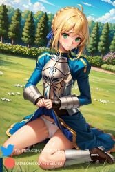 1girls ai_generated armor armored_boots armored_gloves artoria_pendragon artoria_pendragon_(lancer) artsbuyu bangs blonde_hair blue_dress blush cameltoe closed_mouth crown_braid dress dress_lift embarrassed fate_(series) green_eyes hair_between_eyes hair_ribbon hi_res looking_at_viewer medium_breasts panties ribbon short_hair sidelocks sitting stable_diffusion wariza white_panties