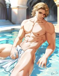 1boy abs bare_thighs blonde_hair covering covering_crotch esther-shen fire_emblem fire_emblem_fates looking_at_viewer male male_only muscular muscular_male nintendo nipples onsen red_eyes short_hair solo thighs towel xander_(fire_emblem)