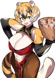 1girls big_breasts breasts female food food_tray mei_xiang mx99926 oc original_character short_hair smile smiling sole_female solo solo_female solo_focus striped striped_body striped_fur stripes thick_thighs tiger_ears tiger_girl tiger_stripes tiger_tail wide_hips