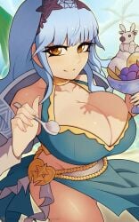 1girls alternate_costume alternate_hairstyle bare_thighs bikini blue_bikini blue_hair blue_swimsuit breasts brown_eyes cleavage commission female female_only fire_emblem fire_emblem:_three_houses fire_emblem_heroes fire_emblem_warriors:_three_hopes huge_breasts long_hair looking_at_viewer marianne_von_edmund marianne_von_edmund_(summer) nintendo official_alternate_costume official_alternate_hairstyle sarong smile solo swimsuit thighs yamisan