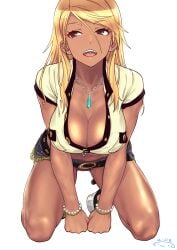 bare_midriff blonde_hair busty cleavage dark_eyes denim_shorts gyaru hands_and_knees hourglass_figure idolmaster izumi_mei large_breasts long_hair looking_to_the_side navel_piercing no_bra open_mouth pierced_navel pierced_tongue shirt_unbuttoned short_shorts suna suntan tan tongue_out tongue_piercing wide_hips