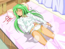 bed bedwetting blush castlage female female_only green_hair omorashi panties peeing peeing_self pillow piss_soaked sleeping tyao unaware urinating urinating_female urination urine urine_pool wet wetting wetting_self white_panties