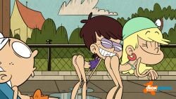 1boy 2girls accurate_art_style ass bent_over bikini blargsnarf butt erection erection_under_clothes female leni_loud lincoln_loud looking_at_ass looking_back luna_loud male naughty_face nickelodeon swimsuit tagme teasing the_loud_house twerking