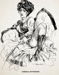 biting_lip black_and_white boots breast breast_out caption couch edwardian gibson_girl hatching_(art) high_heel_boots looking_at_viewer masturbation nipple_slip retro_artstyle spread_legs stockings teenage_girl text upskirt wintonkidd