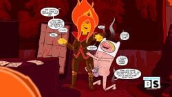 1boy 1girls accurate_art_style adventure_time blargsnarf chastity_cage cock_cage denial dialogue femdom finn_the_human flame_princess humiliation malesub tagme text_bubble