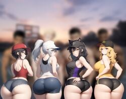 4boys 4girls ai_generated baseball_cap basketball_court big_ass black_hair blake_belladonna blonde_hair blue_eyes blurred_character blurry_background booty_shorts dark-skinned_male imminent_sex light-skinned_female light-skinned_male long_hair multiple_boys multiple_girls obscured_character purple_eyes rooster_teeth ruby_rose rwby short_hair skimpy_clothes streetwear sunset tank_top thick_thighs weiss_schnee white_eyes white_hair yang_xiao_long yellow_eyes