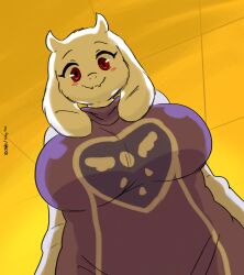 1girls 2010s 2019 anthro anthro_only big_breasts big_thighs blush_stickers boss_monster breasts breasts_bigger_than_head caprine clothed cute delta_rune_(emblem) eyelashes female female_anthro female_only floppy_ears furry furry_female furry_only goat goat_ears goat_horns grin horns joaoppereiraus looking_at_viewer monster monster_girl purple_clothes purple_clothing red_eyes smiling_at_viewer solo solo_anthro solo_female toriel undertale undertale_(series) voluptuous voluptuous_female white_fur