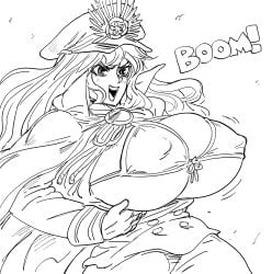 1girls alternate_breast_size bb_(baalbuddy) bikini_top black_and_white breasts breasts_out bursting_breasts busty clothing covered_nipples fate/grand_order fate_(series) female hat huge_breasts koha-ace long_hair military_uniform oda_nobunaga_(fate) open_mouth smile solo wardrobe_malfunction