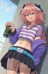 1boy 2023 alternate_version_available androgynous astolfo_(fate) balls ballsack belly belly_button bokky0w0 braid braided_hair canon_crossdressing crossdressing fate/grand_order fate_(series) femboy feminine_male foreskin human intact jacket long_hair_male looking_at_viewer male male_only microskirt midriff monster_energy monster_energy_drink navel no_panties outdoors outside partially_retracted_foreskin penis pink_hair scrotum semi-erect shirt skirt smooth_penis solo testicles trap uncensored uncut