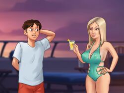 1boy 1girls 2d aqua_one-piece_swimsuit blonde_hair breasts brown_hair cameltoe cleavage cleavage_cutout clothed clothing covered_navel darkcookie digital_drawing_(artwork) digital_media_(artwork) drink duo female hand_on_head holding holding_drink iwanka_(summertime_saga) light-skinned_female light-skinned_male light_skin long_hair looking_at_partner main_character_(summertime_saga) male male/female medium_breasts nervous nervous_smile one-piece_swimsuit orange_shorts outfit pussy_lips pussy_peek shirt short_hair shorts smile smiling standing summertime_saga swimsuit swimwear teenage_girl teenager white_shirt yacht