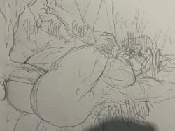 1boy 1girls anal_sex ass brunhild_(shuumatsu_no_valkyrie) bubble_butt buddha_(shuumatsu_no_valkyrie) fat_ass female female_focus humble_shark record_of_ragnarok shuumatsu_no_valkyrie sketch traditional_media_(artwork)