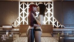 1futa 1girls 3d bed bed_sheet bedroom bioware black_bra black_hair black_panties blender bottomwear bra closed_eyes clothed clothing commander_shepard detailed_background duo electronic_arts female female_focus femshep futanari futashep highres kissing legging light-skinned_female light_skin long_hair making_out mass_effect mass_effect_2 mass_effect_3 miranda_lawson panties pants red_hair room small_breasts standing topwear underwear watermark xieangel