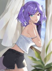 1girls artist_request clothing dragon_girl female female_only heterochromia looking_at_viewer nijisanji nijisanji_en purple_hair selen_tatsuki shirt short_hair shorts smiling tail virtual_youtuber