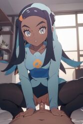 ai_generated aigeneratedp cowgirl_position dark-skinned_male gym_leader looking_at_viewer male_pov nessa_(pokemon) pokemon pov pov_eye_contact riding riding_penis squatting squatting_cowgirl_position squatting_on_penis