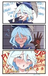 1boy 1girls aether_(genshin_impact) angry before_and_after bratty color comic_page dialogue drawing female furina_(genshin_impact) genshin_impact karasawamiko long_hair male meme_reference mihoyo pleasure_face text