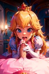 ai_generated aigeneratedp crossdressing crossdressing_male cumshot dress female_on_femboy femboy_on_female handjob holding_penis licking looking_at_viewer male_pov mario mario_(series) nintendo pov pov_eye_contact princess_peach