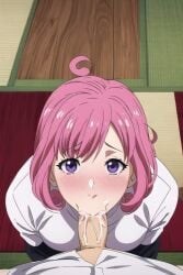 1boy 1girls 2d ai_generated anime blowjob blush breasts clothed clothing cum cum_in_mouth cum_inside cumshot curvy deepthroat duo ejaculation eye_contact fellatio female kofuku_(noragami) light-skinned_female light_skin looking_at_viewer male medium_breasts nopemope26 noragami oral oral_penetration oral_sex penetration penis pink_hair pov purple_eyes sex short_hair stockings uncensored