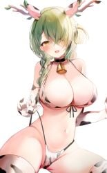 :d absurdres animal_ears animal_print antlers bell bikini blush braid breasts ceres_fauna cleavage collarbone commentary_request cow_ears cow_print cow_tail cowbell elbow_gloves female flower gloves green_hair hair_flower hair_ornament hair_over_one_eye highleg highleg_bikini highres hololive hololive_english hololive_english_-council- hololive_english_-promise- japanese_clothes kimono large_breasts leaf long_hair looking_at_viewer maru_ccy navel neck_bell open_mouth print_kimono revision simple_background sitting smile solo stomach swimsuit tail thighs twin_braids virtual_youtuber white_background white_bikini white_gloves yellow_eyes