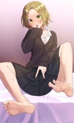 1girls blonde_hair feet feet_up female female_only fully_clothed hori-san_to_miyamura-kun horimiya horny open_mouth peace_sign skirt tagme tongue_out yellow_eyes yoshikawa_yuki yoshikawa_yuki_(horimiya)