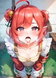 ai_generated blush cleavage cum cum_in_mouth cum_on_breasts e-sekai elf_ears fuyo_cloverfield idol-en idol_corp kneeling open_mouth pov red_eyes red_hair short_hair small_breasts stable_diffusion tongue_out virtual_youtuber vtuber