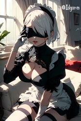 ai_generated black_dress blindfold breasts couch hair_ornament hi_res highres idgaroo indoors maid maid_outfit maid_uniform nier:_automata nier_(series) stable_diffusion tights white_hair window yorha_2b