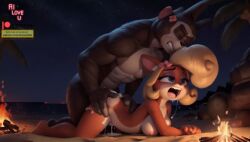 ai_generated anthro breasts campfire climax coco_bandicoot crash_(series) crash_bandicoot_(series) cum cum_in_pussy furry gorilla night nipples orange_fur overflow saliva saliva_drip scream screaming semen sex sex_from_behind stable_diffusion straight tongue