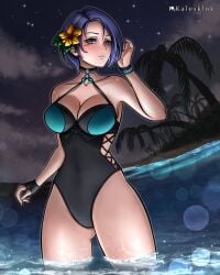 1girls alternate_costume armpits ass_visible_through_thighs bare_thighs beach black_one-piece_swimsuit black_swimsuit blue_hair choker cleavage female female_only fingerless_gloves fire_emblem fire_emblem:_three_houses fire_emblem_heroes flower gloves hair_flower kalesklok night nintendo ocean official_alternate_costume one-piece_swimsuit outdoors palm_tree partially_submerged purple_eyes shamir_nevrand shamir_nevrand_(summer) short_hair solo swimsuit thighs tree