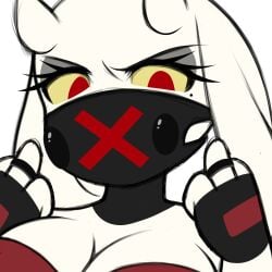 alterfell alterfell_toriel alternate_universe altertale big_breasts breasts clothed clothing double_middle_finger female_only flipping_off friisans gloves looking_at_viewer mask masked_female middle_finger red_eyes solo toriel toriel_(underfell) toriel_au underfell undertale undertale_(series) undertale_au undertale_fanfiction white_background yellow_sclera