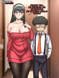 1boy 1girls afro belmont big_breasts big_nipples black_hair dress english_text female franky_franklin fully_clothed glasses light-skinned_female light-skinned_male male mature_female red_sweater size_difference spy_x_family suspenders text thick_thighs wide_hips yor_briar yor_forger