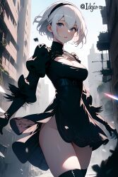 ai_generated black_dress black_gloves blue_eyes breasts hair_ornament hi_res highres idgaroo nier:_automata nier_(series) ruined_city stable_diffusion tights white_hair yorha_2b