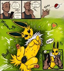 animal_genitalia animal_pussy black_pussy blep canine_genitalia canine_pussy cellphone charger comic dialogue duo eeveelution female feral generation_1_pokemon genitals heart hi_res human humor jolteon looking_at_viewer lying male mammal multi_nipple neck_tuft nintendo nipples on_back phone pokeball pokemon pokemon_(species) prince-vulpine pussy smartphone speech_bubble tongue tongue_out tuft