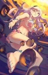 1girls alternate_costume anklet ass big_ass bikini black_hairband breasts bubble corrin_(fire_emblem) corrin_(fire_emblem)_(female) female female_only fire_emblem fire_emblem_cipher fire_emblem_fates from_below grey_hair grin hairband highres jewelry long_hair looking_at_viewer looking_down medium_breasts nail_polish navel nintendo official_alternate_costume pointy_ears red_eyes shell shell_bikini sideboob smile solo spiffydc sunset swimsuit teeth toenail_polish toenails underboob