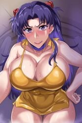 1girls 2023 big_breasts blush breasts choker cleavage cleavage_overflow dress female female_focus female_only hair_ornament hand_on_hip hi_res high_resolution highres huge_breasts human jet_puri large_breasts light-skinned_female light_skin long_hair misato_katsuragi neon_genesis_evangelion overflowing_breasts purple_eyes purple_hair solo solo_female solo_focus sweat