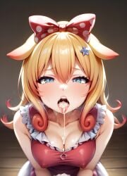 ai_generated blonde_hair blue_eyes blush cleavage cum cum_in_mouth cum_on_breasts endless_(idol_corp) hair_ribbon idol_corp kneeling momo_otako nipples_visible_through_clothing open_mouth pov stable_diffusion tentacle_hair tongue_out virtual_youtuber vtuber