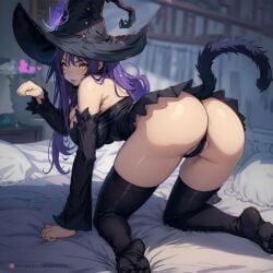 ai_generated ass ass_focus blair_(soul_eater) cat_tail catgirl emote goth goth_girl heart mischievous_smile on_all_fours paw_pose purple_hair skizzen soul_eater stockings tail witch witch_hat yellow_eyes